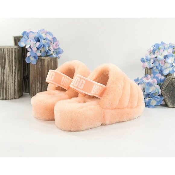 UGG Fluff Oh Yea Peach Sheepskin Fur Slippers Slides Sandals Size 8 NIB - Picture 4 of 9